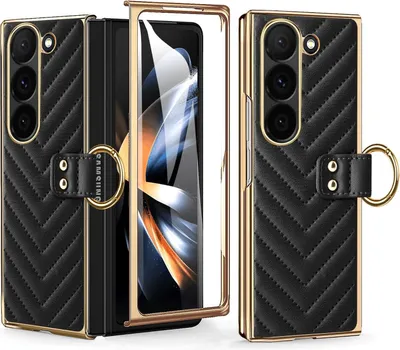 A black quilted leather phone case with gold trim and a gold ring is shown with a gold frame and a phone screen.
