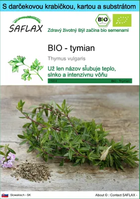 Obrázok produktu pre SAFLAX Darčeková sada - BIO - tymian - Thymus vulgaris - 800 Semená - S darčekovou krabičkou, prepravným štítkom, darčekovou kartou a pestovateľským médiom