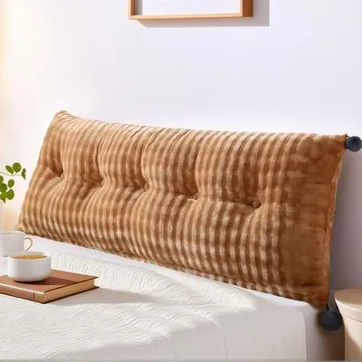 Image de Coussin de dos et de lecture Coussin de bibliothèque en Fourrure artificielle de lapin, coussin en forme de coin pour le lit Canapé Tête de lit Coussin de tête,Marron clair,180x45x20cm