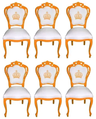 Produktbild von Pompöös by Casa Padrino Luxus Barock Esszimmerstühle Weiß / Orange - Pompööse Barock Stühle designed by Harald Glööckler - 6 Esszimmerstühle - Barock Esszimmermöbel