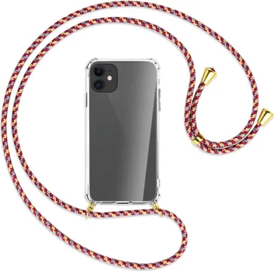 Produktbild von Handykette Backcover-Schutzhülle mit Band (Metall goldfarben) für Apple iPhone 11 - weinrot/gelb/grau