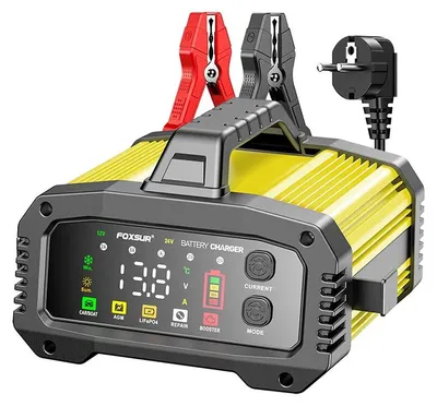 Obrázek produktu pro Inteligentní nabíječka pro autobaterie a motocyklové baterie - 25 A / 15 A - 12/24 V - pro lithium-iontové, AGM a GEL baterie - s žlutou zástrčkou EU