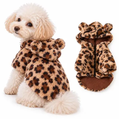 Produktbild von Hundejacke Plüsch im Leo-Design mit Kapuze & Ohren – kuscheliger Hundepullover mit Reißverschluss & Innenfutter – Braun, XL
