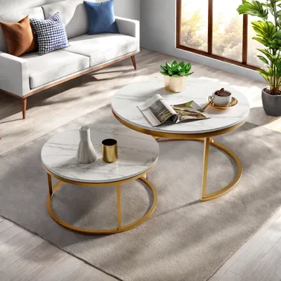 Produktbild von UnboxG Couchtisch Runder Kaffeetisch, 2tlg. mit Marmormuster, 80x45cm+60x33cm, Gold