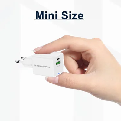 Produktbild von Conceptronic 2-Port 20W GaN USB-PD-Ladegerät, USB-C x 1, USB-A x 1, QC 3.0, PPS, Drinnen, AC, 12 V, Weiß