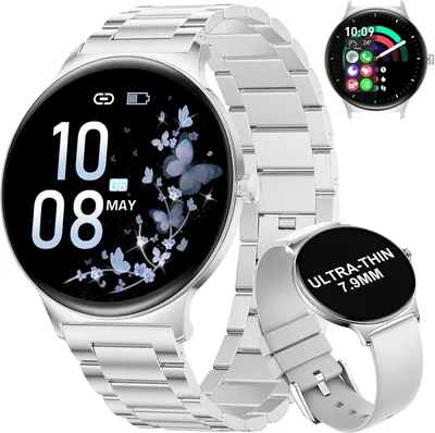 BENYAR SMART Damen Smartwatch 1.43" AMOLED, ultradünn, Bluetooth-Anrufe, 120+ Sportmodi, Frauengesundheit, IP68, Edelstahl/Silikonarmband