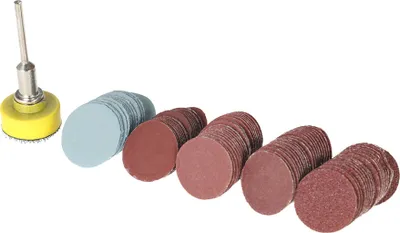 Image de Lot de 100 feuilles de papier abrasif 25 mm sous blister + 1 tampon abrasif avec tige de 1/8" de diamètre pour le polissage et le ponçage