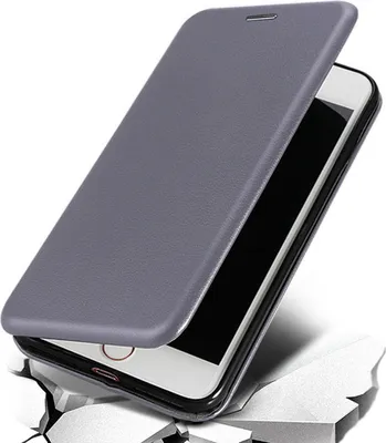 A gray flip case for a smartphone is shown open, revealing the phone's screen and frame. The case is angled, and the phone appears to be falling or being dropped, with abstract representations of breaking ground beneath it.