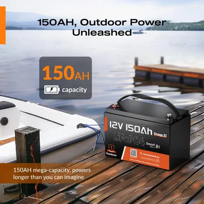 Produktbild von 12V 150Ah Lithium-Eisenphosphat-Akku mit integriertem 100A Batteriemanagementsystem (BMS) und Tiefentladungsschutz