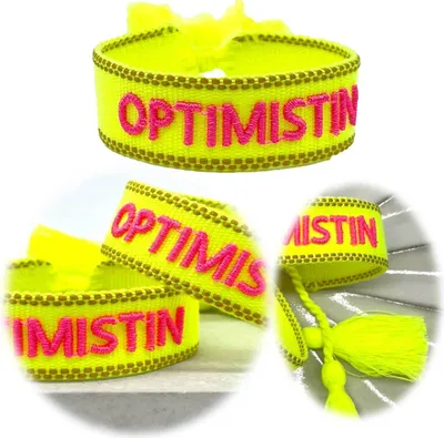 Produktbild von LS-LebenStil Canvas Statement Armband Optimistin Neon Gelb Pink besticktes Stoffarmband gewebt textiles Quasten Spruch Boho Geschenk Freundschaft