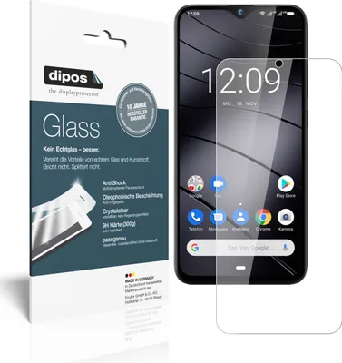 A product shot of a screen protector packaging next to a smartphone displaying the screen protector.