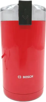 A red Bosch coffee grinder is shown against a white background.
