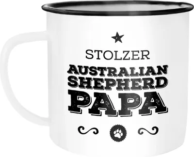 Produktbild von Emaille Tasse Becher Stolzer Hundepapa Papa Besitzer Hundebesitzer Kaffeetasse Moonworks® Australian Shepherd weiß-schwarz unisize
