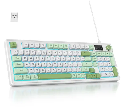Zdjęcie produktu dla Klawiatura membranowa bezprzewodowa z pokrętłem, klawiatura przewodowa Bluetooth 5, 2400 MHz, montaż typu "gasket", podświetlenie RGB, 98 klawiszy, kolor zielony