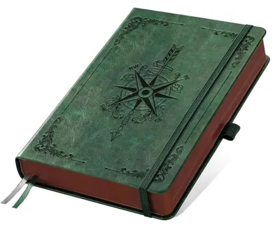 Immagine prodotto di Diario in pelle vintage, formato A5, 300 pagine, verde, copertina rigida, quaderno con motivi a bussola e decorazioni floreali