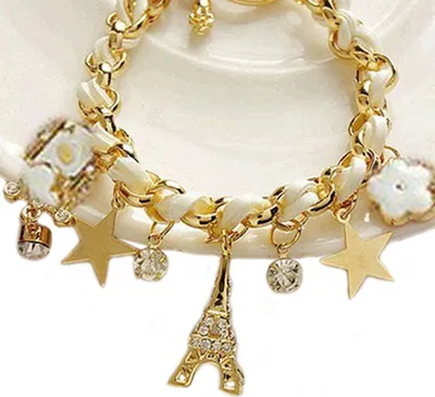 Produktbild von Frauen Mode Eiffelturm Sterne Blume Poker Anhänger Kunstleder Armband Schmuck-Weiß