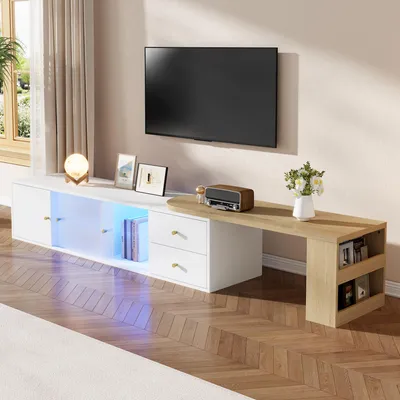 Obrázek produktu pro Nízky televizní stolek okwish s LED podsvícením a bočním odkládacím prostorem, televizní skříňka se zásuvkami a skleněnými dvířky, design s kontrastními barvami, bílá barva