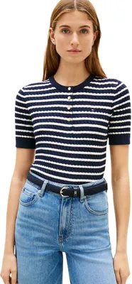 Immagine prodotto di Maglione da donna Tommy Hilfiger, modello Henley a coste fini, maniche corte, multicolore (Dark Night)