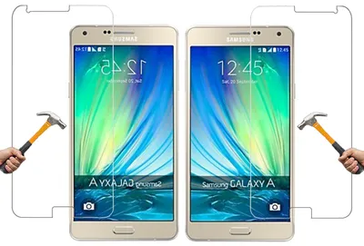 Two Samsung Galaxy A3 phones with screen protectors being demonstrated with hammers.