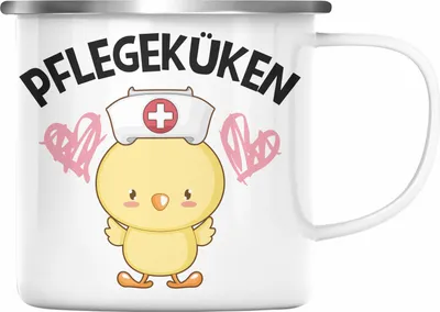 Produktbild von Trendation - Pflegeküken Emaille Tasse Geschenk Krankenschwester Ärztin Lustige Emaille Emaille Tasse Geschenkidee Altenpflegerin Pflegerin (Silber)