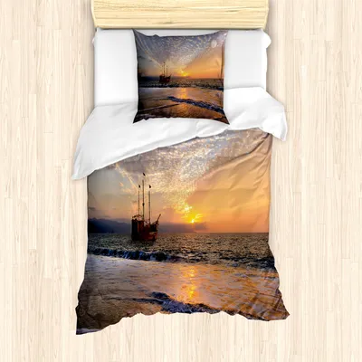 Produktbild von ABAKUHAUS Nautisch Mantele, Piraten-Schiff in den Wellen, Milbensicher Allergiker geeignet mit Kissenbezügen, 135 cm x 200 cm - 80 x 80 cm, Mehrfarbig