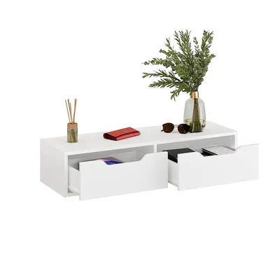 Produktbild von KOMTO Wandregal Weiß mit 2 Schubladen – Hängender Nachttisch, Wandkommode, Schminktisch Wandmontage, Garderobenschrank | NOKA 100 x 32,5 x 22 cm