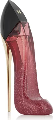 A high-heeled shoe-shaped perfume bottle with a glittery red body and a black cap.