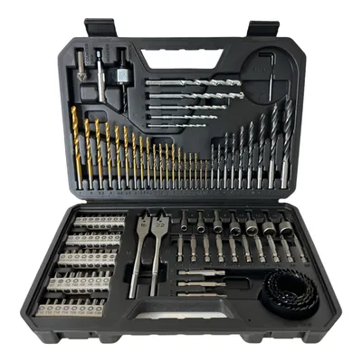 A black plastic case containing a large set of drill bits and screwdriver bits.