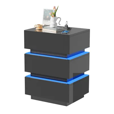 A modern, high-gloss black nightstand with three drawers and integrated blue LED lighting, displayed against a white background.