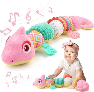 Produktbild von Bauchlagentrainer Baby Kissen ab 0 Monate, Chamäleon Plüschtier mit Musik & Beißring, Sensorik Babyspielzeug für Bauchlage, Rosa