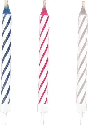 Three birthday candles with spiral patterns in blue, pink, and gray, set against a white background.
