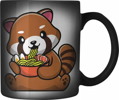 Produktbild von Trendation - Ramen Roter Panda Farbwechsel Zauber-Tasse Musik Kinder Geschenkidee für Jungs Mädchen Lustige Grafik Nudeln (Schwarz)
