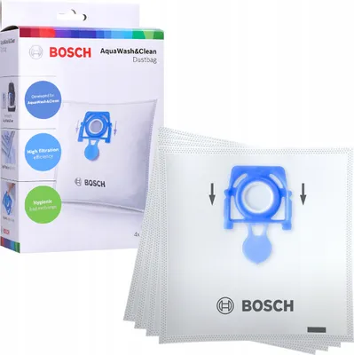 A box of Bosch vacuum cleaner bags and several individual vacuum cleaner bags.