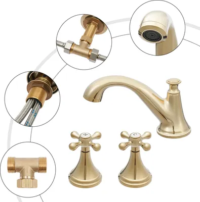 A collage of images showing different parts and angles of a gold-colored faucet.