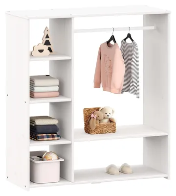 Produktbild von Kinderschrank RAFAEL mit Kleiderstange aus Kiefer - Weiß. Offener Schrank mit Fächern und Ablagen, Skandinavisches Design, Kinderregal nach Montessori Prinzipien