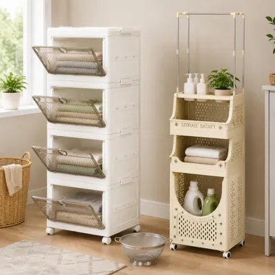 Image de Ensemble de rangement pliable pour le linge (2 pièces) – Chariot à linge à 4 étages et bac pliable à roulettes