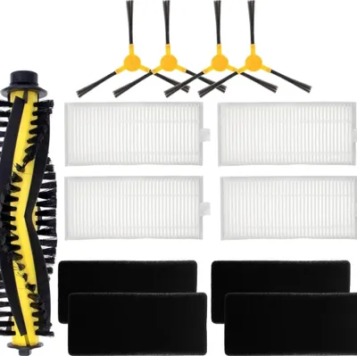 A collection of cleaning accessories for a robot vacuum cleaner, including brushes, filters, and sponges.