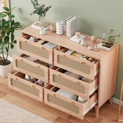 Produktbild von Kommode mit 6 Schubladen aus Naturholz mit Fronten aus geflochtenem Rattan, Massivholzrahmen