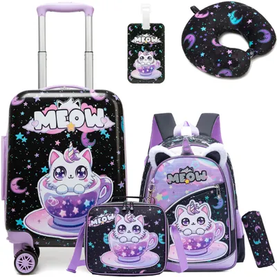 Produktbild von Kinderkoffer 5-teiliges Set - Rucksack - Nackenkissen - Gepäckanhänger - 4 Rollen