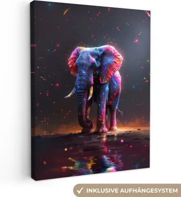 Produktbild von MuchoWow® - Leinwandbilder - Elefant - Farben - Sterne - Tier, Wandbild, Wanddeko Bilder Wohnzimmer, 90x120 cm