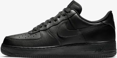A side view of a black Nike Air Force 1 '07 LE sneaker against a white background.
