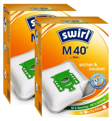 A close-up shot of two orange boxes of Swirl M 40 vacuum cleaner bags.