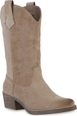 Produktbild von van-hill Damen Cowboystiefel Khaki Velours-Kunstleder mit Stickereien Größe 36 Frühling/Herbst