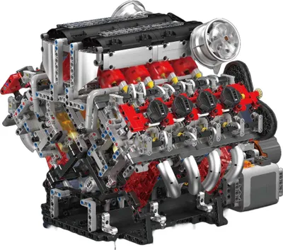 A detailed model of a V8 engine built from toy bricks.