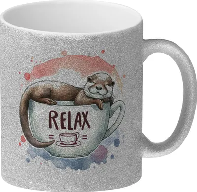 Produktbild von Schlafender Otter Glitzer-Kaffeebecher mit Spruch Relax Tasse