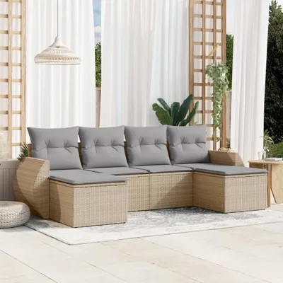 Produktbild von Design 6-tlg. Garten-Sofagarnitur mit Kissen Beige Poly Rattan, Gartenmöbel-Sets 2024 Neu