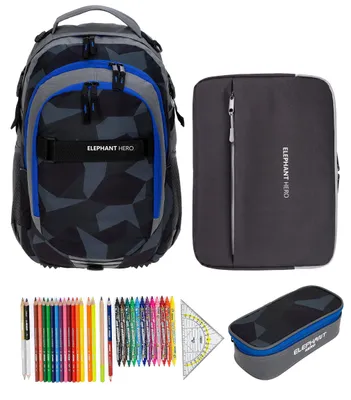 Produktbild von Schulrucksack Elephant Hero Signature 4 Teile Set Rucksack Schultasche + Mäppchen Box + Laptophülle + 31 tlg. Stifteset 12770 Cyber Camo Blau +rmlv