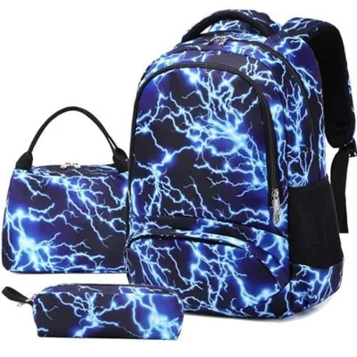 Image de Ensemble de cartable pour garçons, bleu et noir, comprenant une trousse et une boîte à lunch