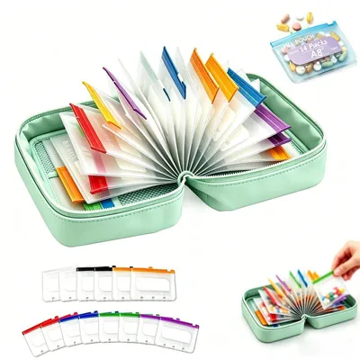 Immagine prodotto di Organizzatore per pillole per 14 giorni, impermeabile, con 14 sacchetti colorati