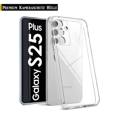 A clear protective phone case is shown next to a phone displaying its model name.